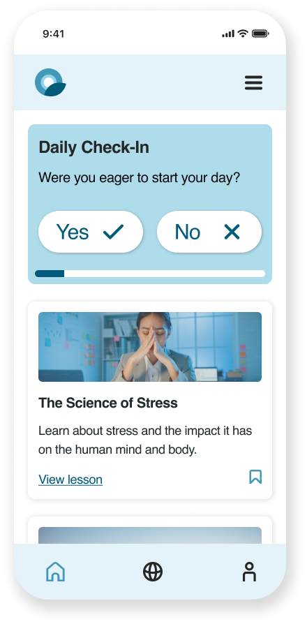 A redesigned Q-Life Employee mobile screen. The screen displays the Hub view. In the Hub is a light blue Daily Check-In card, and lesson cards. The top lesson cards contain graphics, lesson titles, and a few lines of text, followed by a link to view more and a bookmark icon.