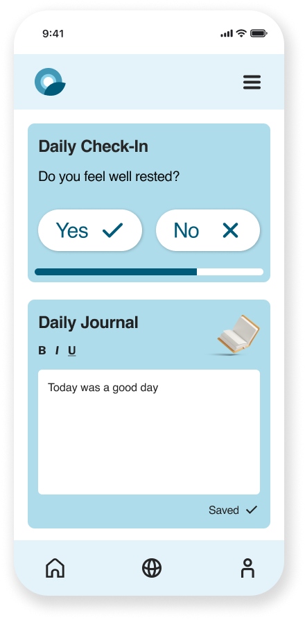 A redesigned Q-Life Employee mobile screen. The screen displays the Journal view, containing an interactive Daily Check-In card and an interactive Journal Card.