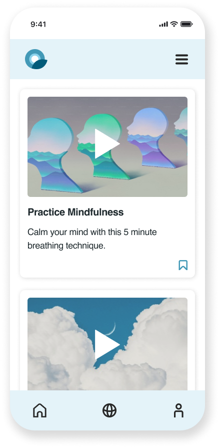 A redesigned Q-Life Employee mobile screen. The screen displays the Resources view containing interactive video cards with colourful images of water and clouds. The top card is titled "Practice Mindfulness" and a description of the guided video resource.