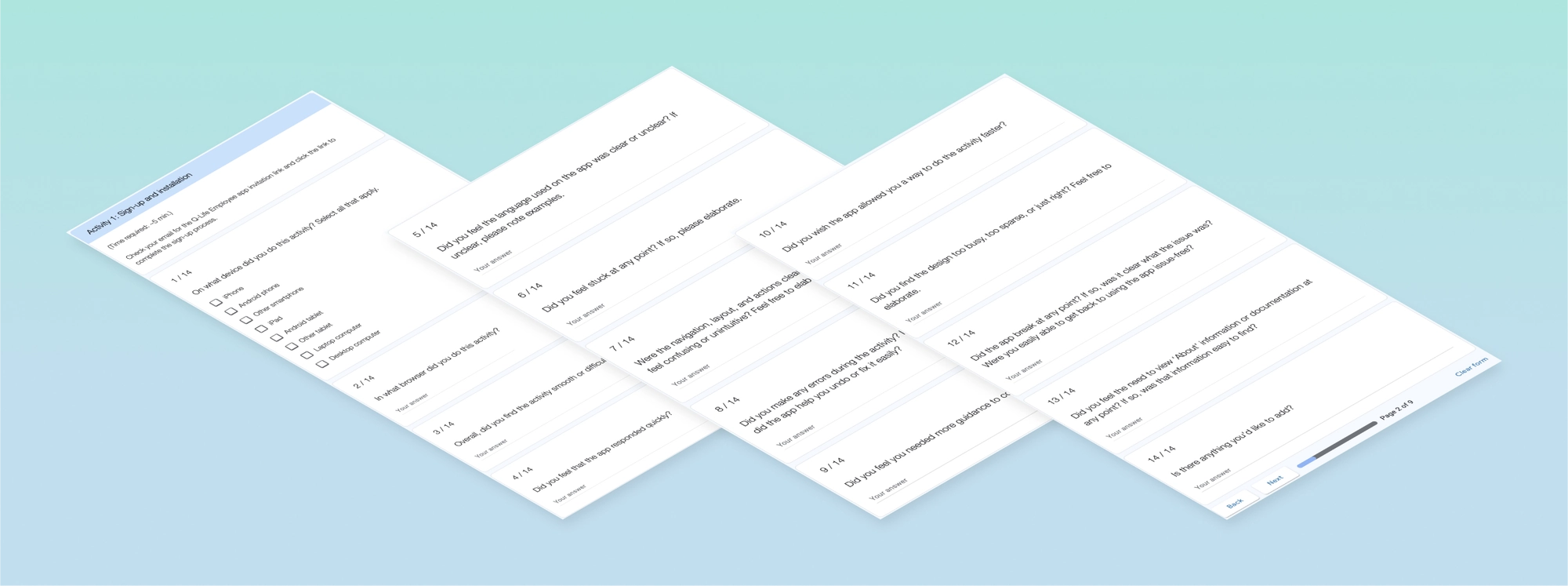 An isometric view of a usability testing task prompt and its follow-up questions. The prompt reads, "Activity 1: Sign-up and installation. Time required: ~5 minutes. Check your email for the Q-Life Employee app installation link and click the link to complete the sign-up process."