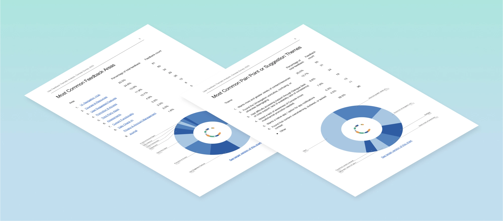 An isometric view of two pages of the User Feedback Thematic Analysis. The pages are entitled "Most Common Feedback Areas" and "Most Common Pain Point or Suggestion Themes". Both pages include data for area/theme, percentage of total feedback, and feedback count. Both include corresponding pie chart visualizations.