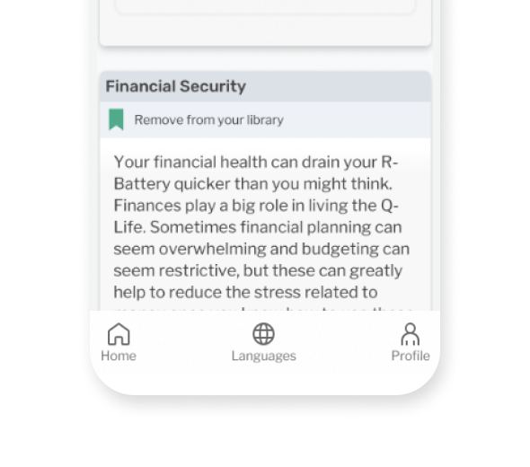 A view of an original lesson card on the Hub screen of the Q-Life Employee mobile application. The card contains a title "Financial Security" followed by a green filled bookmark icon and the words "Remove from your library". Below is a paragraph of text teaching financial literacy. It contains no graphics. The mobile screen is on a light green background.