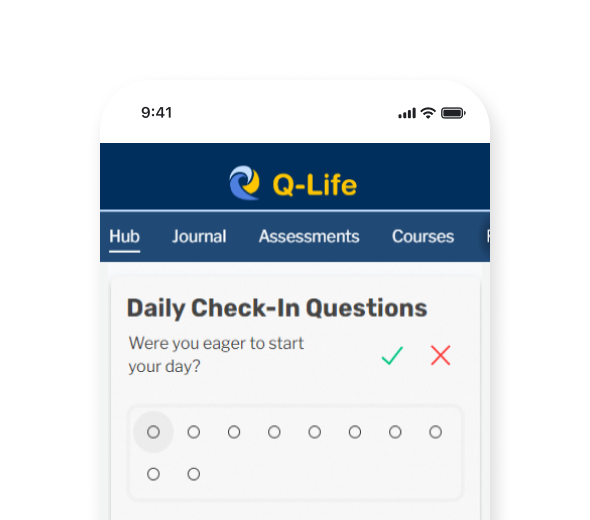 A view of the original Q-Life Employee mobile navigation menu. The dark blue menu is under a darker blue banner containing a wordmark logo that reads "Q-Life". The menu is horizontal across the top and requires side-scrolling. The visible menu items are: Hub, Journal, Assessments, Courses. The letter 'R' fades offscreen on the right. The image is agains a light blue background.