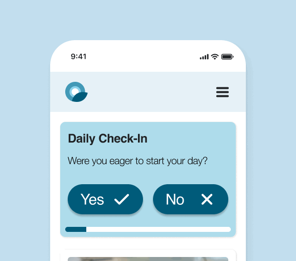 An animated view of a newly designed Q-Life Employee mobile navigation menu. The menu is a hamburger menu on the far right of a light blue top bar. A Q-Life logo is far left on the top bar. The menu expands into a drop down menu of menu items and corresponding icons. The expanded menu lists vertically: Hub, Journal, Assessments, Courses, Resources. The image is agains a light blue background.