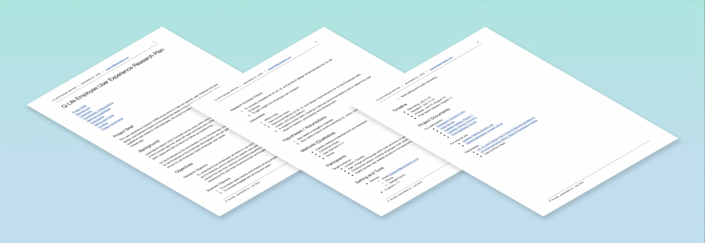 An isometric view of a three-page document entitled Q-Life Employee Use Experience Research Plan. The document's sections are: Project Brief, Background, Objectives (Research Objectives, Business Objectives, Research Success Criteria, Deliverables), Hypotheses/Assumptions, Methods, Participants, Setting and Tools, Timeline, Project Documents repertory.