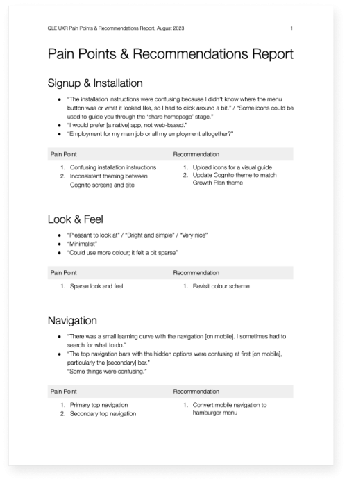 A screenshot of page 1 of the Pain Points and Recommendations Report containing sections entitled "Signup and Installation", "Look and Feel", and "Navigation". Within each section are a list of pain points on the left with their recommended solutions on the right.