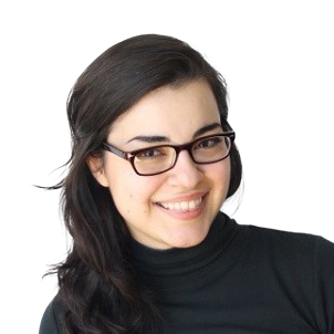 Profile picture: a smiling woman wearing glasses and a black shirt in front of a colourful background