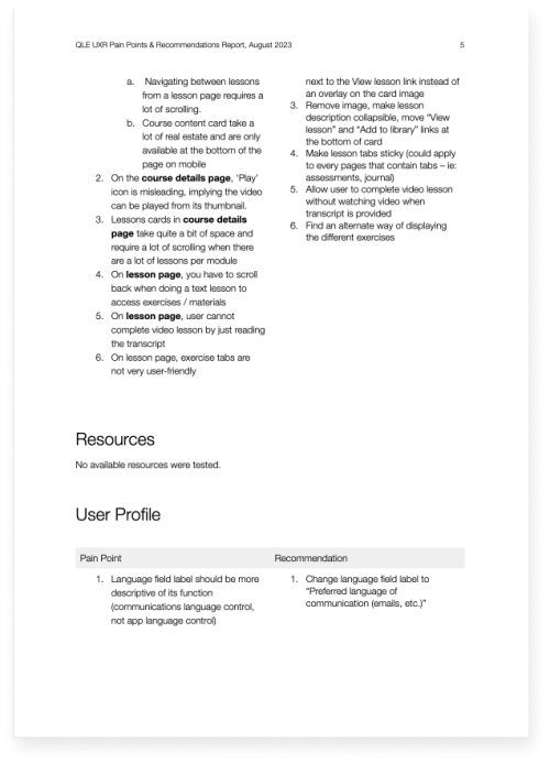 A screenshot of page 5 of the Pain Points and Recommendations Report containing sections entitled "Resources" and "User Profile". Within the sections are a list of pain points on the left with their recommended solutions on the right.