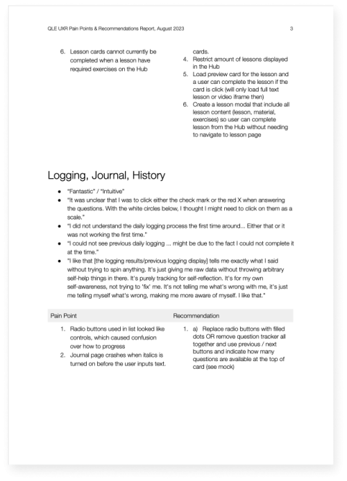 A screenshot of page 3 of the Pain Points and Recommendations Report containing a section entitled "Logging, Journal, History". Within the section is a list of pain points on the left with their recommended solutions on the right.