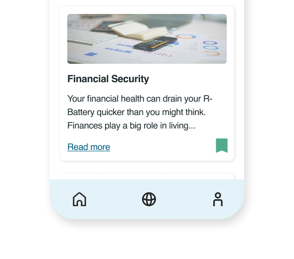 A view of a redesigned lesson card on the Hub screen of the Q-Life Employee mobile application. The card contains an image of a calculator on papers displaying financial data charts. Under the image is the title "Financial Security" followed by three lines of text teaching financial literacy, an ellipsis, and a link saying, "Read more". At the bottom right is a green, filled bookmark icon indicating the lesson has been saved. The mobile screen is on a light green background.